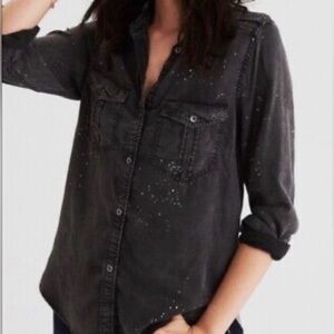 American Eagle Charcoal Grey & White Paint Splatter Boyfriend Fit Buttondown Top